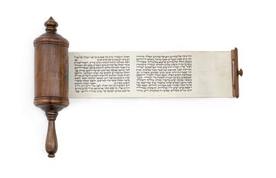 Miniature Esther Scroll in Olivewood Case – Jerusalem. Decorated Esther scroll housed in 