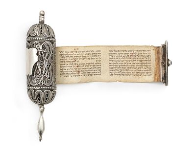 Miniature Esther Scroll in Filigree Silver Case – I. Miniature Esther scroll housed in decorated 