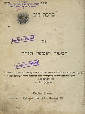 ברכת דוד (בוטשאטש) – לבוב, תר"ה – מהדורה ראשונה. ספר ברכת דוד, ביאורים בדרך החסידות על חמשה 