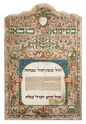 כתובה מעוטרת על קלף – מנטובה, תק"ג, 1742 – איורי שנים-עשר המזלות וכלי המקדש – חתימות רבני מנטובה. 