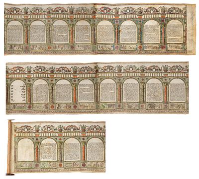 מגילת אסתר מעוטרת בתחריטים וצבועה ביד – כנראה ונציה, 1750 בקירוב – מגילה-אחות למגילות של החרט 