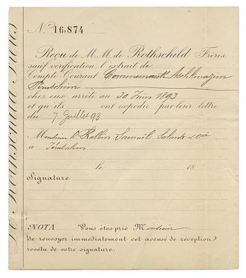 Collection of Rothschild Bank Account Statements – Paris, 1893-1914 – Transfer of Halukkah 