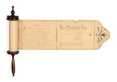 Narrative of Book of Esther, Italian Translation – Paper Scroll with Original Wooden Handle – 