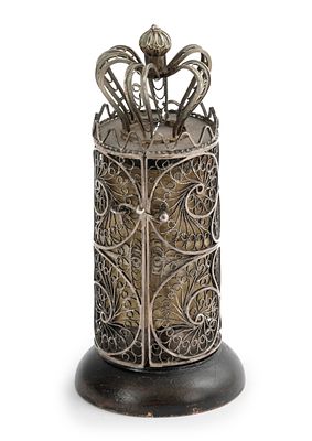 Miniature Esther Scroll in Silver Filigree Case Resembling Torah Case. Esther scroll housed in a 
