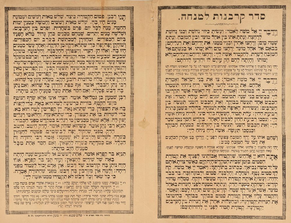 Printed Plaque – Korbanot for Minchah – Warsaw, Ca. Early 20th Century. The description and 