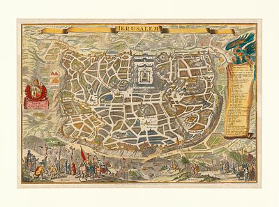 מפת ירושלים צבועה ביד – Joseph Moxon – הוצאת Nicolas Visscher, אמשטרדם, 1671. "Jerusalem" 
