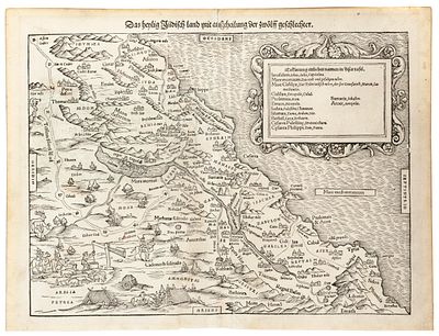 Map of the Land of Israel – Woodcut from Cosmographia by Sebastian M&uuml;nster – Ca. 16th Century. Da 