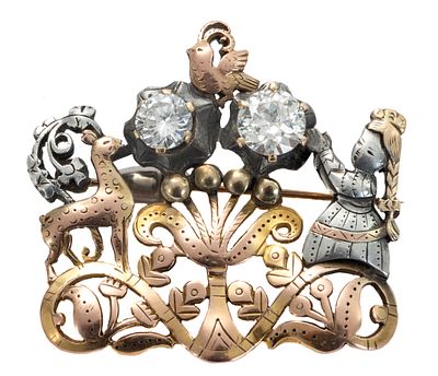 Ilya Schor (1904-1961) – Gold, Silver and Diamond Brooch – New York, Ca. Mid-20th Century. Brooch 