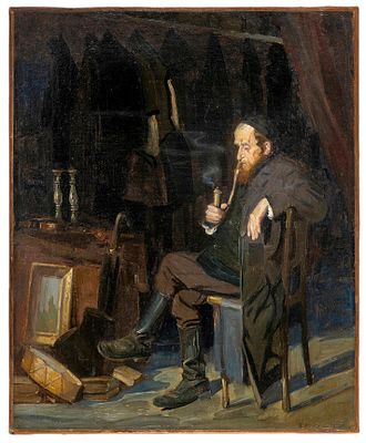 Samuel Hirszenberg (1865-1908) – Jewish Storekeeper at His Shop – Oil on Canvas. Jewish 