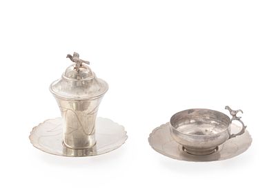 Two Decorated Silver Cups, with Matching Saucers – Israel, 20th Century. The description and 