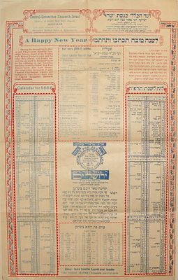 לוח לשנת תרפ"ח, ועד כללי כנסת ישראל. "לשנה טובה תכתבו ותחתמו". 30x47 ס"מ