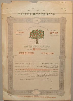 תעודת "פרדס עץ חיים", ירושלים, שנות ה-20-30. . *החלק העליון של הקבלה לקראת הינתקות מהפרפוריישן.