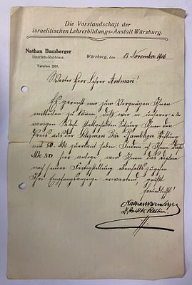 מכתב מאת רבי נתן הלוי במברגר אב"ד וירצבורג (גרמניה). נייר רשמי מטעם המכון היהודי להכשרת מורים. . 