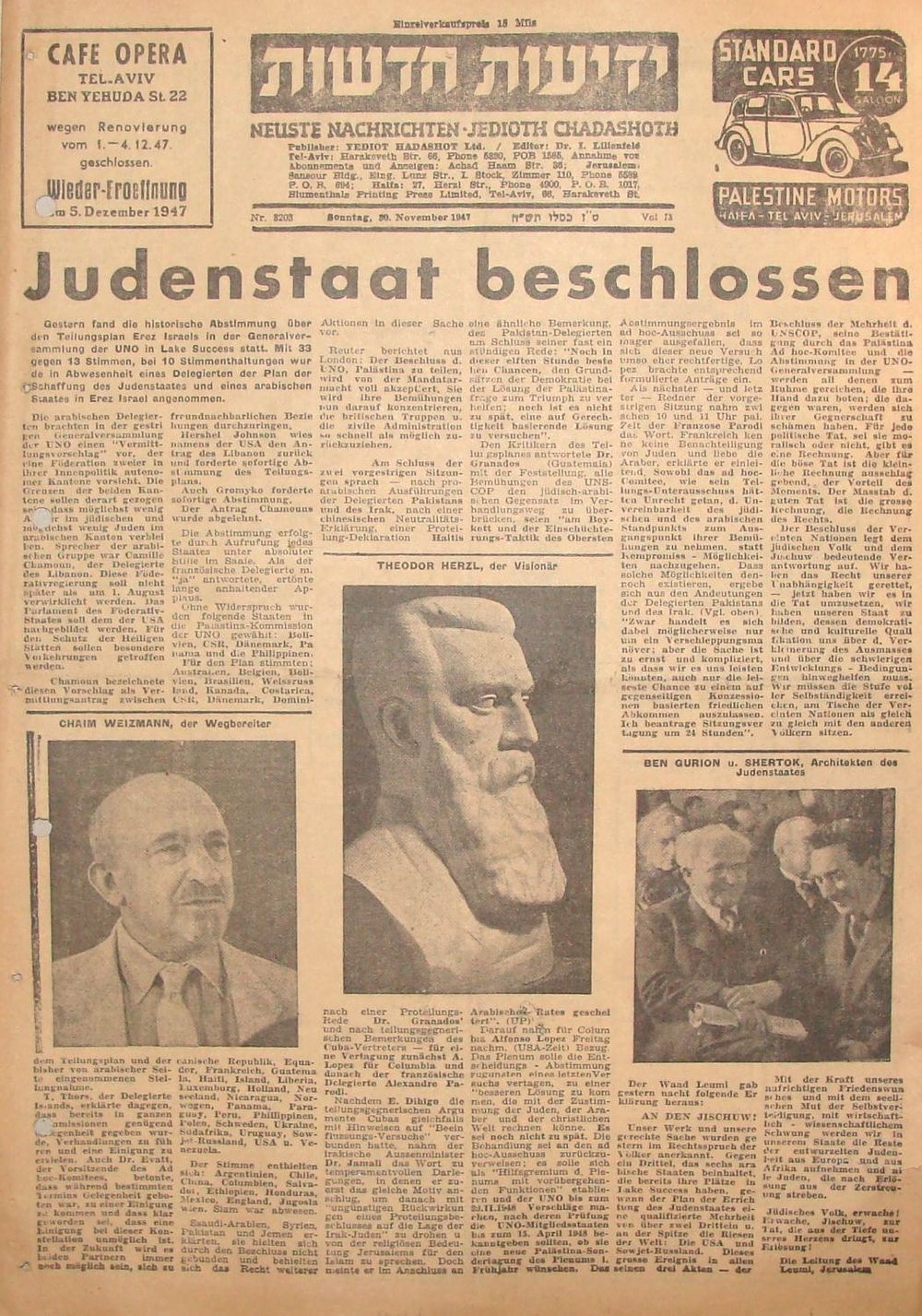 כ"ט בנובמבר - ההצבעה באו"ם. עיתון "ידיעות חדשות" בגרמנית. 30.11.1947. *קרע קטן במרכז בשול הימני.