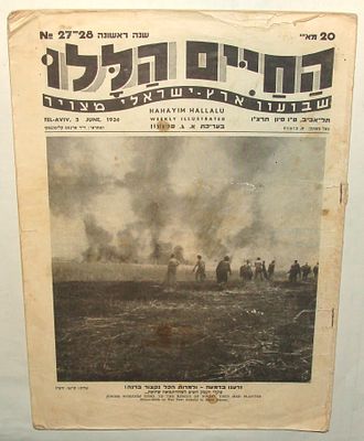 פנואלי, א. ג. (עורך). החיים הללו: שבועון ארץ-ישראלי מצויר. תל אביב, 1936. גיליון מס' 27-28. גילי 
