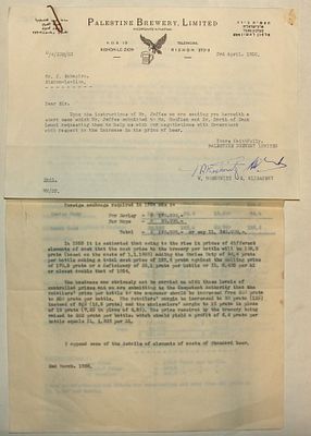 PALESTINE BREWERY LIMITED - תעשיית בירה ארץ-ישראלית בע"מ. מכתב מוקלד חתום ודוח עלויות פנימי 