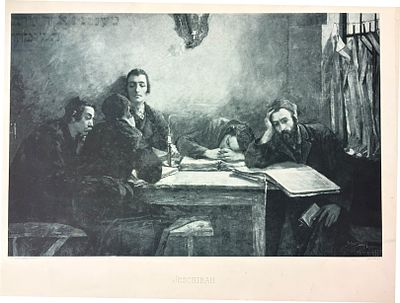 הדפס ליטוגרפי "ישיבה", מאת Samuel Hirszenberg. הדפס בשחור-לבן (פוטוגראבורה) המציג חמישה גברים 