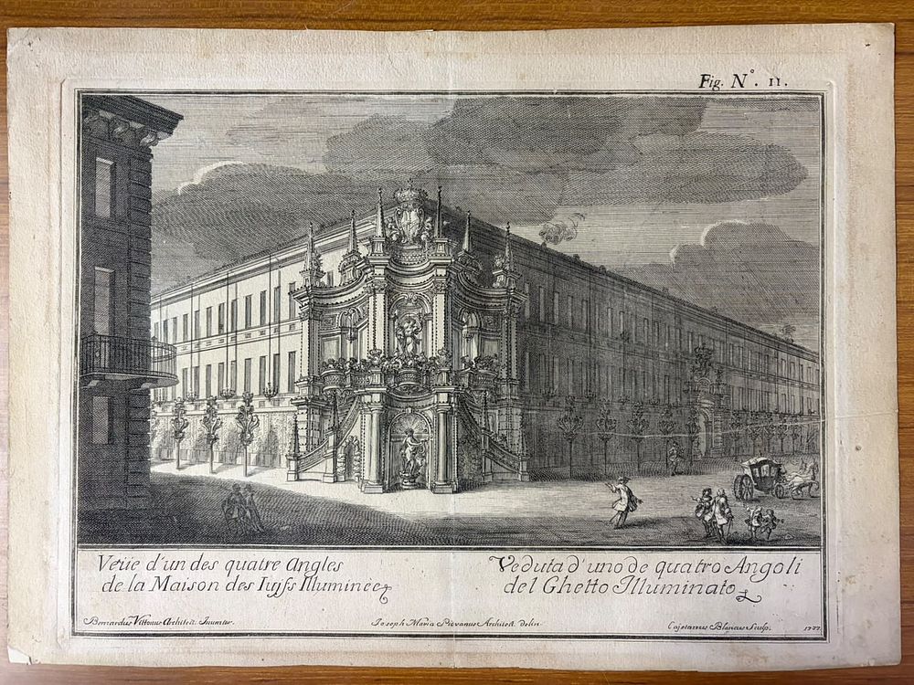 הגטו היהודי בטורינו - תחריט, 1737. Vue d'un des quatre angles de la Maison des Iuifs 