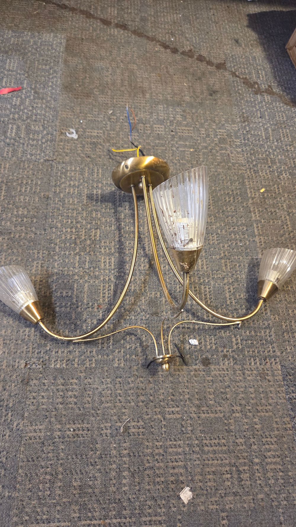 Lot 275 – Three-arm Brass-toned Ceiling Light with Ribbed Glass Shades