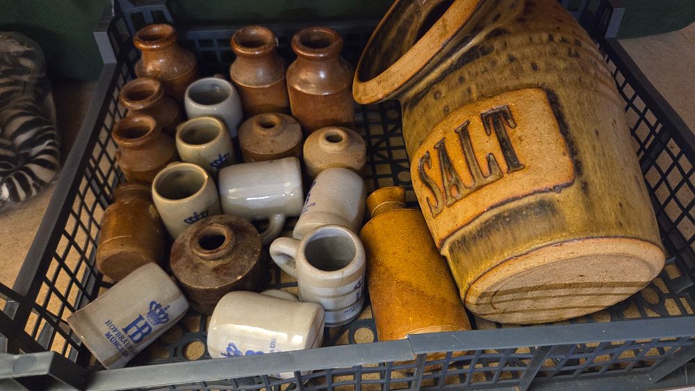 Lot 307 – A Collection of Stoneware Including Salt Crock and Mugs