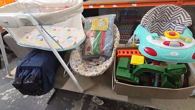A Collection of Baby Gear and Childrens Toys. A collection of baby gear comprising a mesh 