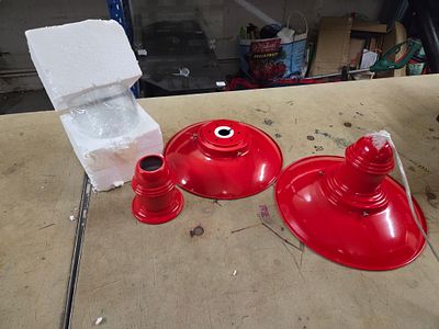 A Collection of Red Industrial Style Pendant Light Components. A collection of red metal 