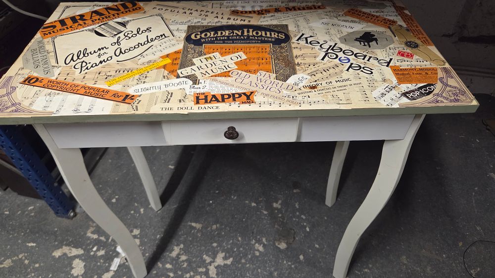 Lot 235 – Decoupaged Sheet Music Wooden Side Table with Single Drawer