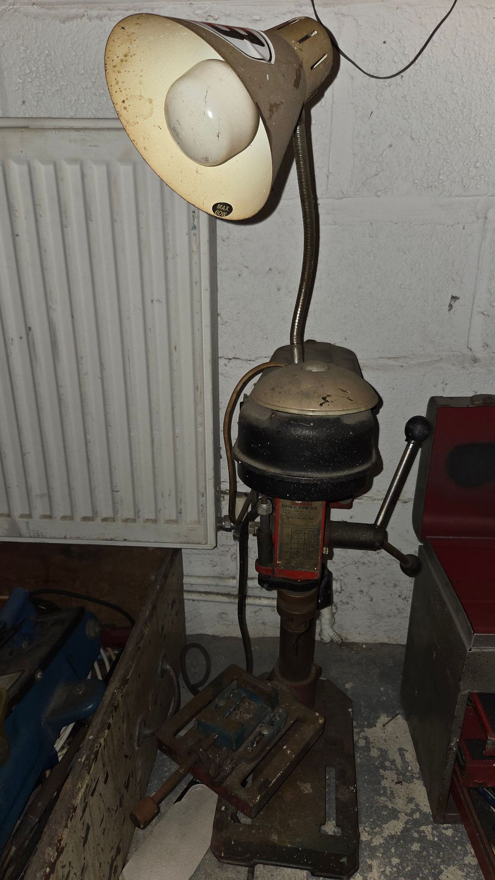 Lot 314 – Vintage Bench-top Drill Press with Attached Gooseneck Lamp