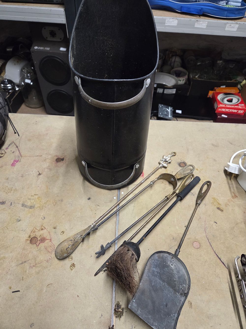 Lot 495 – Black Metal Coal Bucket and Several Fireplace Tools
