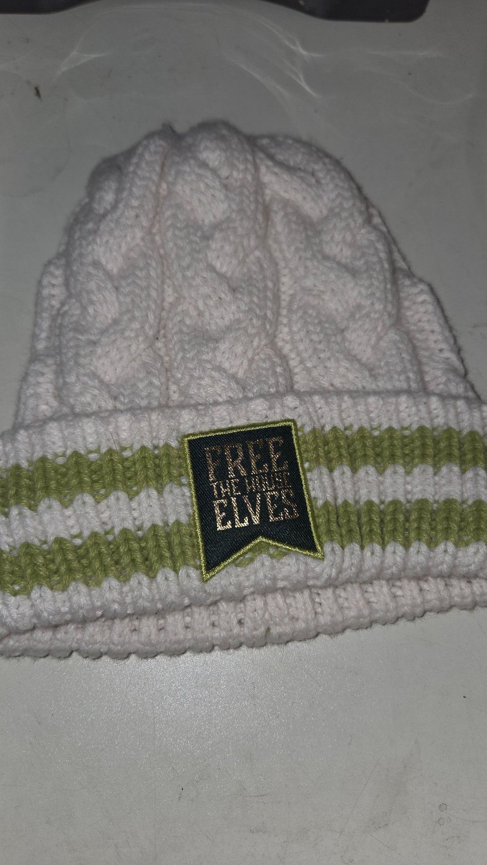 Lot 155 – White and Green Cable Knit Free The House Elves Beanie