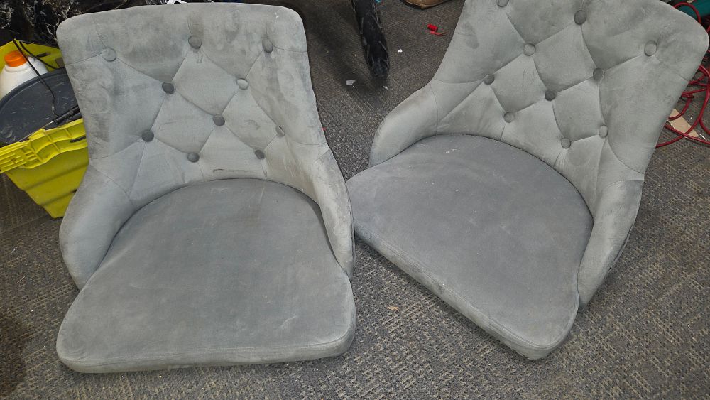 Lot 179 – A Pair of Grey Tufted Upholstered Chairs – no bases