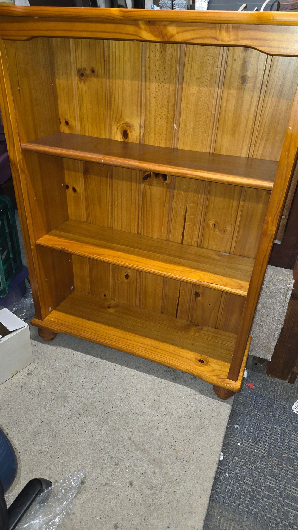 Lot 348 – Vintage Pine Three Compartment Open Bookcase with Bun Feet