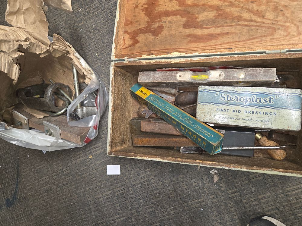 Lot 369 – A Collection of Vintage Hand Tools and Hardware in Toolbox