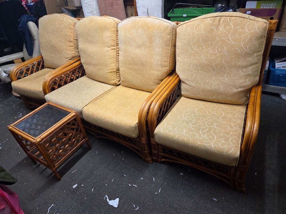 Lot 297 – A Collection of Rattan Furniture with Yellow Patterned Cushions