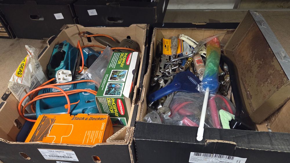 Lot 163 – Two Boxes of Tools and Hardware including Black and Decker