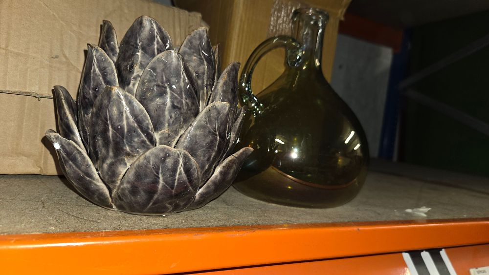 Lot 353 – Two Decorative Items Including Green Glass Vessel and Artichoke Sculpture