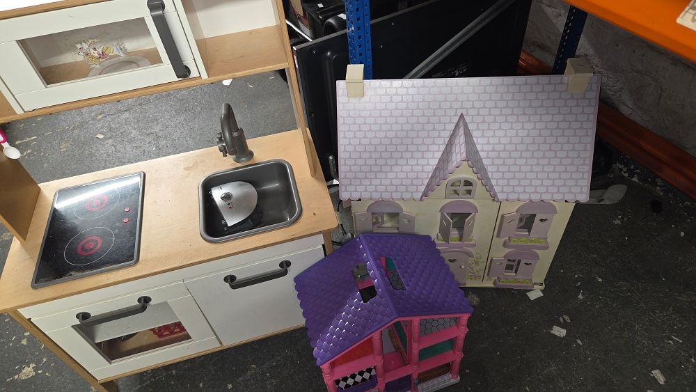 Lot 430 – Three Children’s Play Items Including Wooden Kitchen and Two Dollhouses
