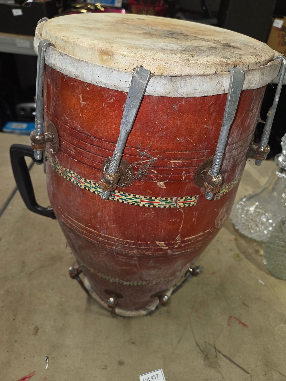 Lot 457 – Indian Wooden Dholak Drum with Metal Tension Rods