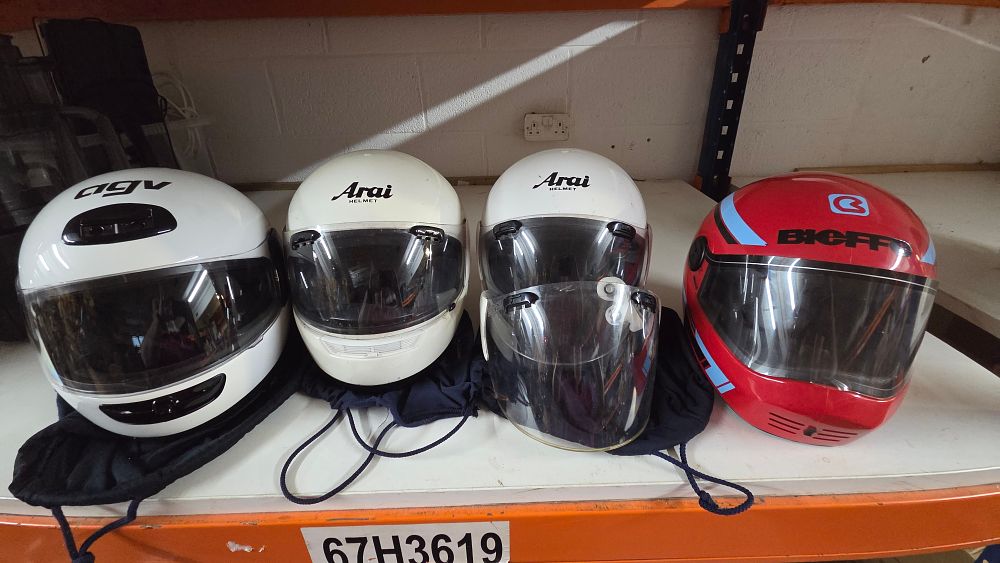 Lot 152 – A Collection of AGV Arai and Bieffe Motorcycle Helmets associated with the Audi TT Isle of Man race.