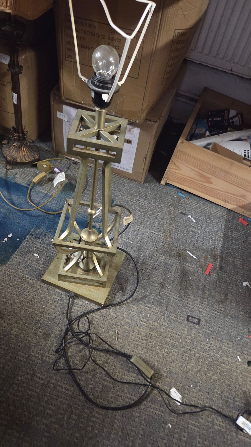 Lot 180 – Brass Coloured Table Lamp with Decorative Geometric Frame Base