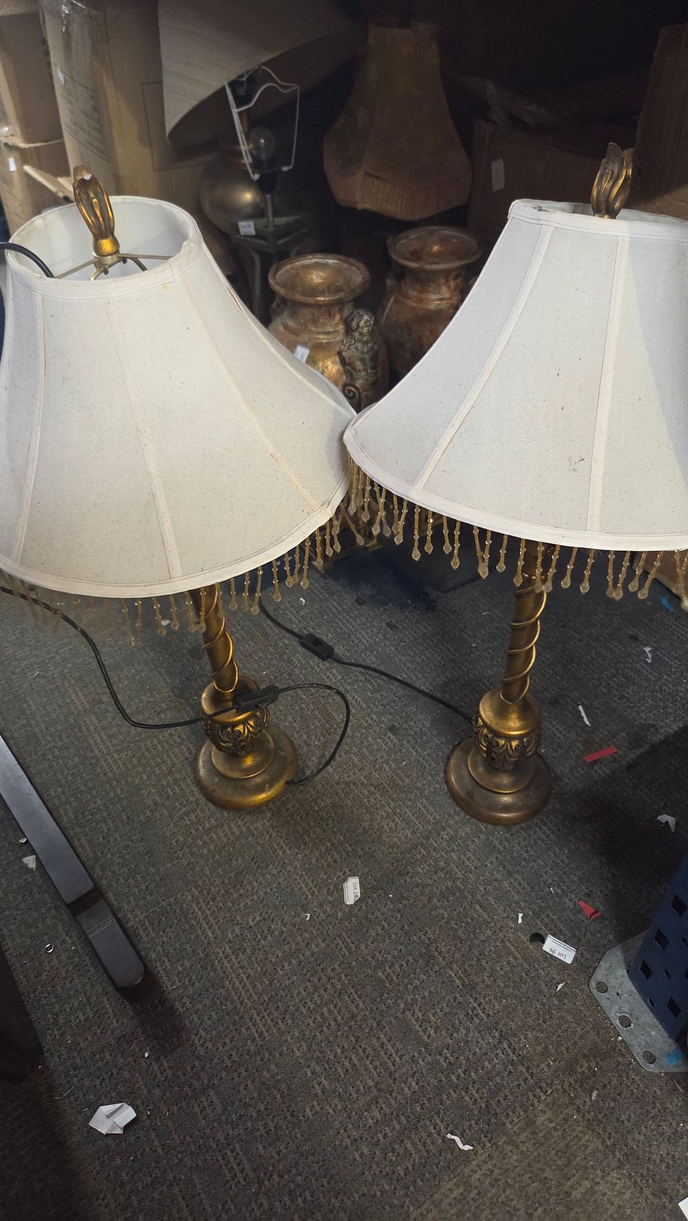 Lot 183 – Two Gold Toned Table Lamps with Beaded Fringe Shades