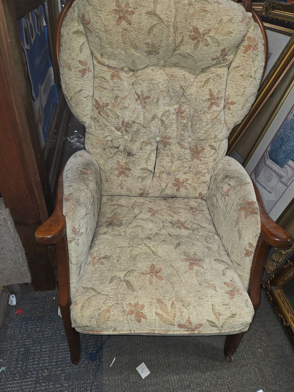 Lot 420 – Wooden Framed Armchair with Floral Patterned Upholstery