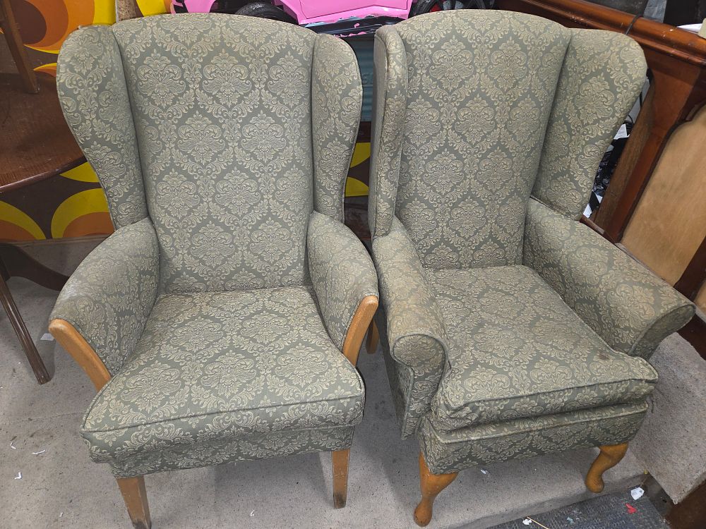Lot 421 – A Trio of Damask Upholstered Wingback Armchairs and Footstool