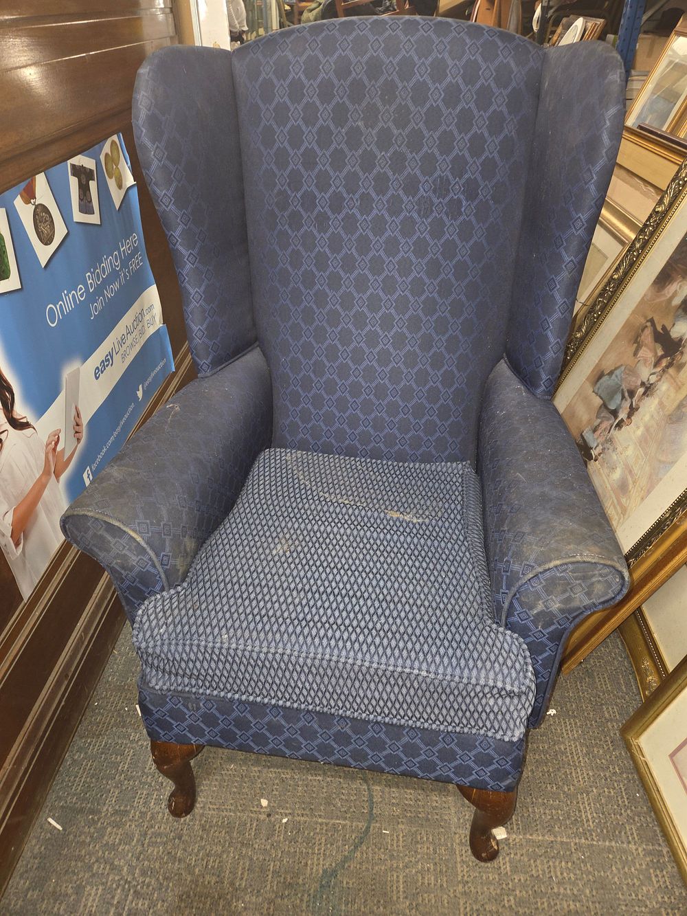 Lot 422 – Blue Patterned Wingback Recliner Armchair