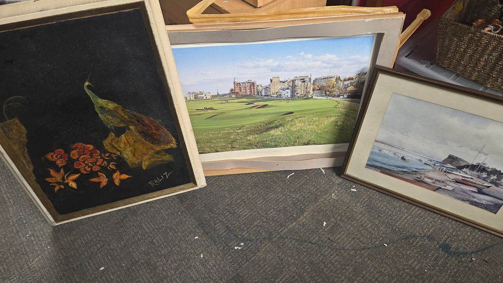 Lot 408 – A Trio of Framed Artworks Including Peacock and Landscape Scenes