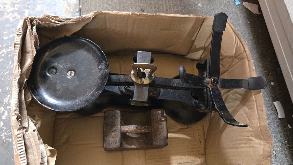 Lot 254 – Vintage Cast Iron Balance Scale and Crane Metal Weight