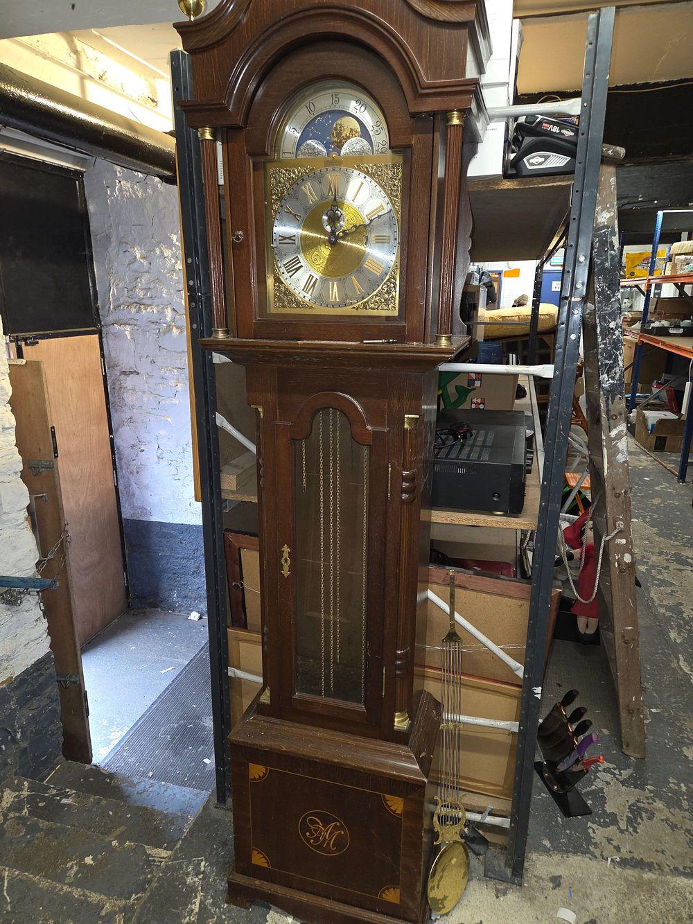 Lot 500 – Dark Wood Grandfather Clock with Moon Phase Dial, with key