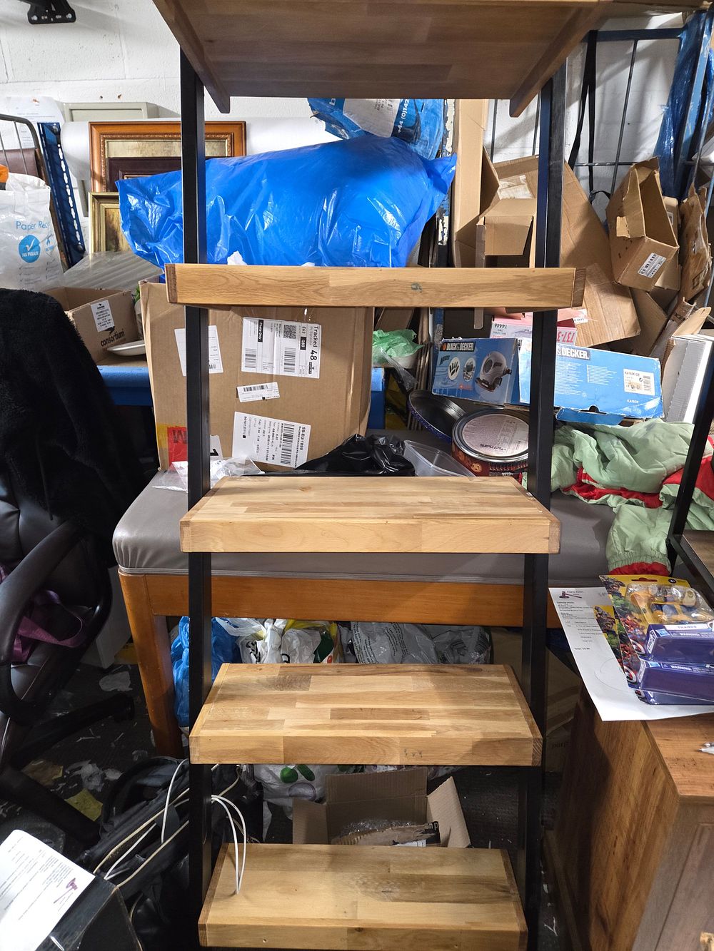 Lot 249 – Wooden Shelving Unit with Black Metal Frame