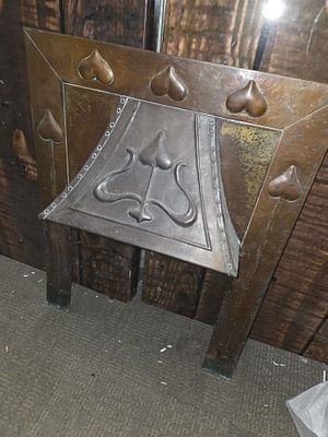 Arts and Crafts Patinated Copper Fireplace Hood. A brown and green patinated copper 