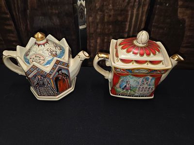 Two James Sadler England Decorative Ceramic Teapots. Two cream-coloured ceramic teapots with 